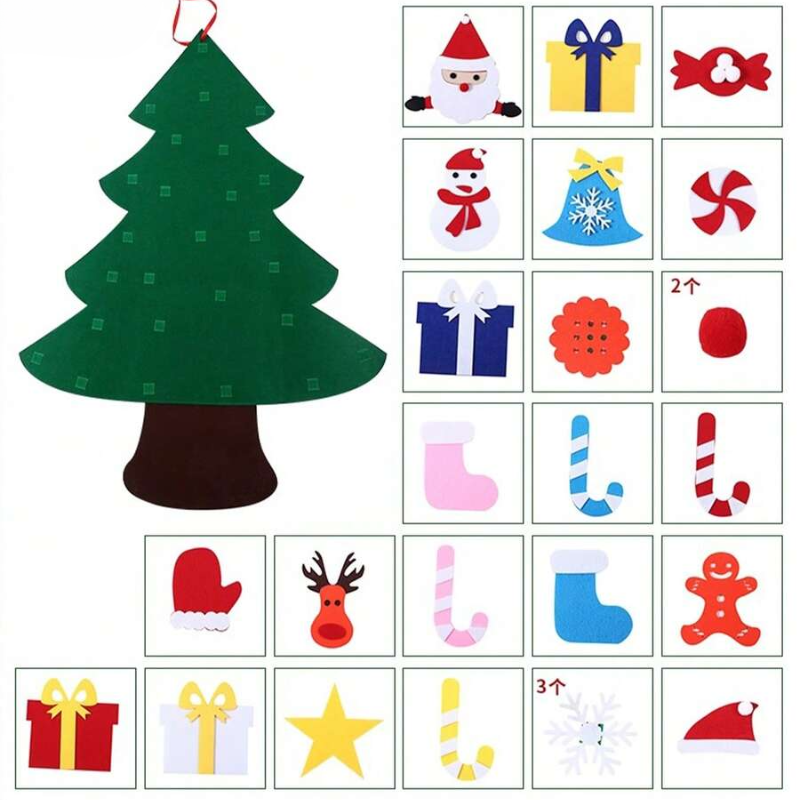 Árbol de Navidad de fieltro con 25 adornos + luces