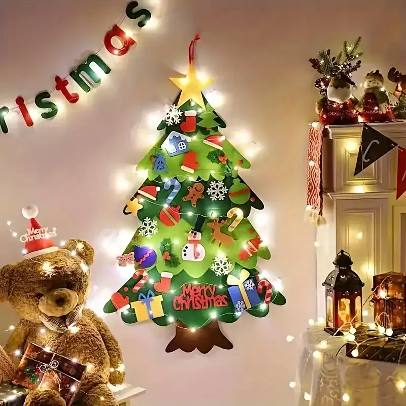 Árbol de Navidad de fieltro con 25 adornos + luces