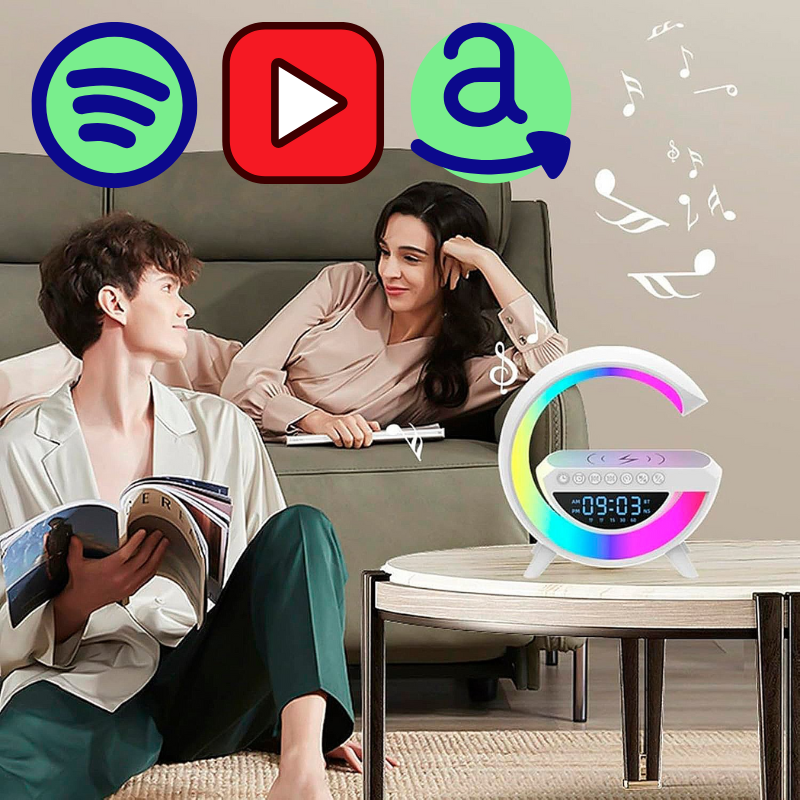 Altavoz Bluetooth G – Cargador inalámbrico + Lámpara LED + Reloj despertador