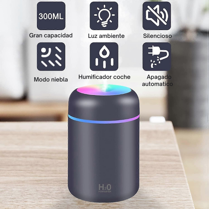 Humidificador LED Portátil Negro – USB Compacto